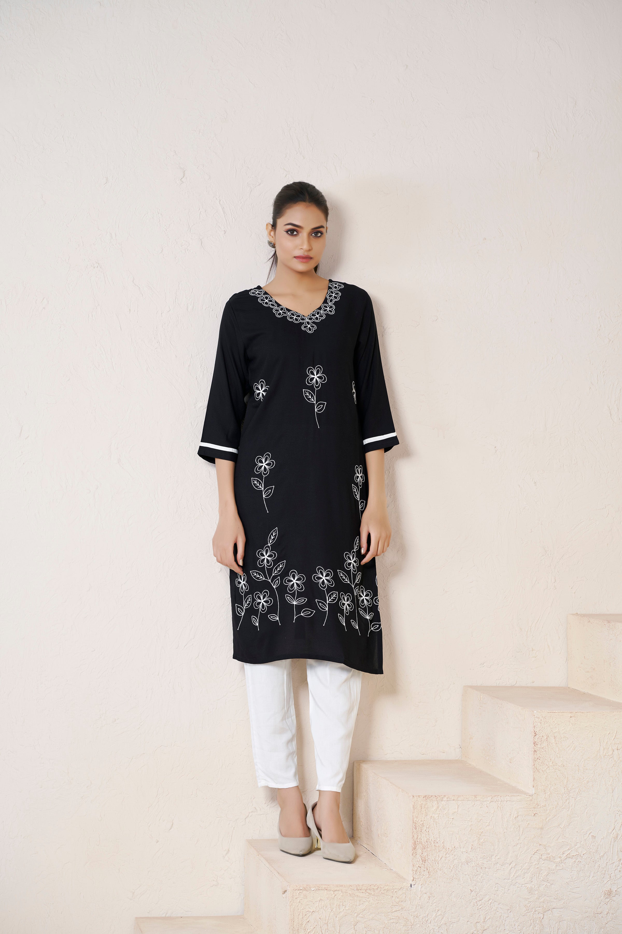 Black Viscose Rayon Kurti with Thread Work and 3/4 Sleeves with Stylish Neckline